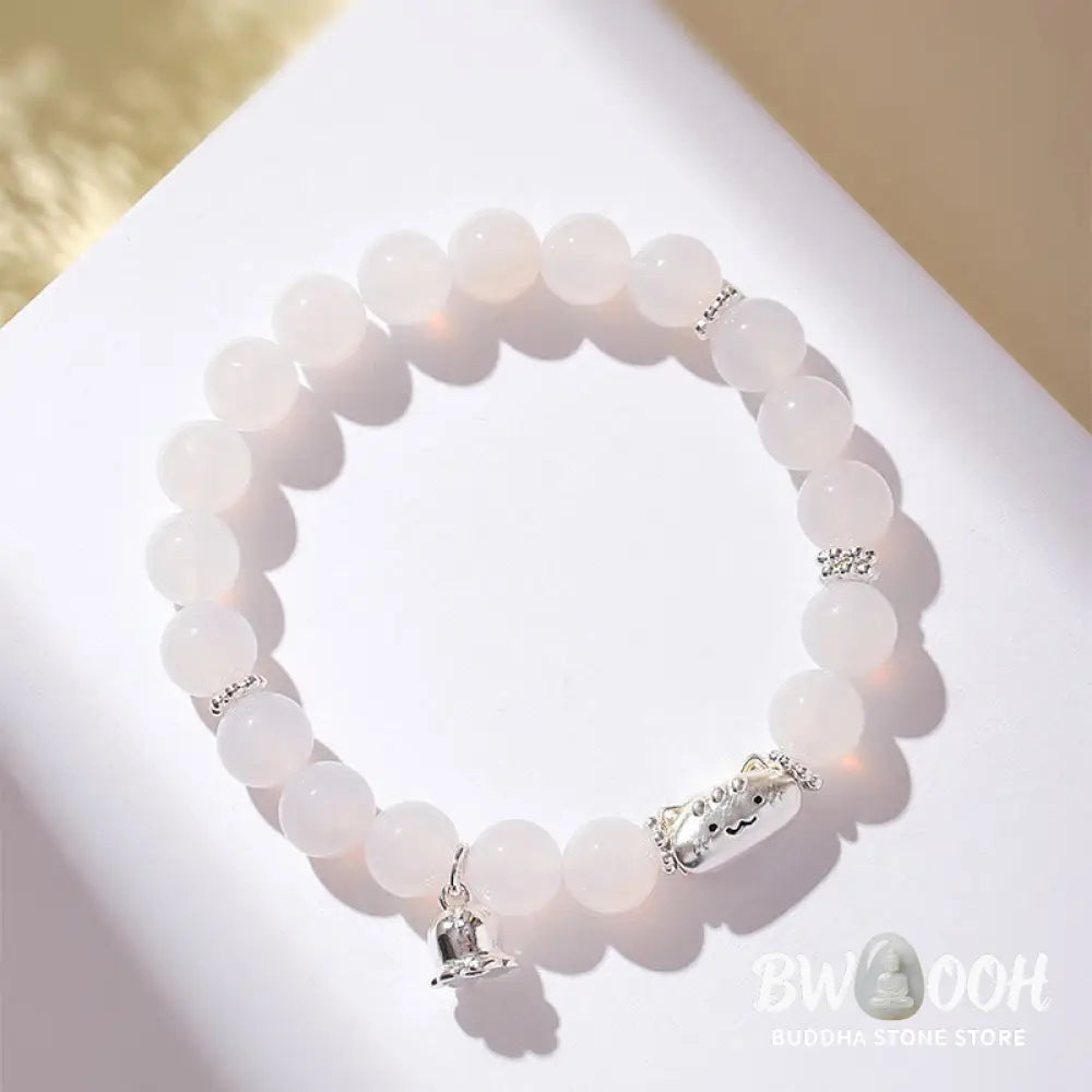 Buddha Stones 999 Sterling Silver Natural Cat Head White Cat’s Eye White Agate Positive Bracelet - Bracelet