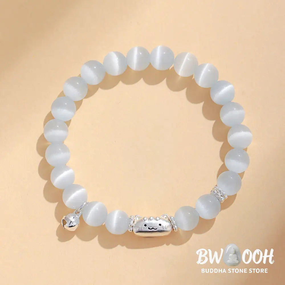 Buddha Stones 999 Sterling Silver Natural Cat Head White Cat’s Eye White Agate Positive Bracelet - Bracelet