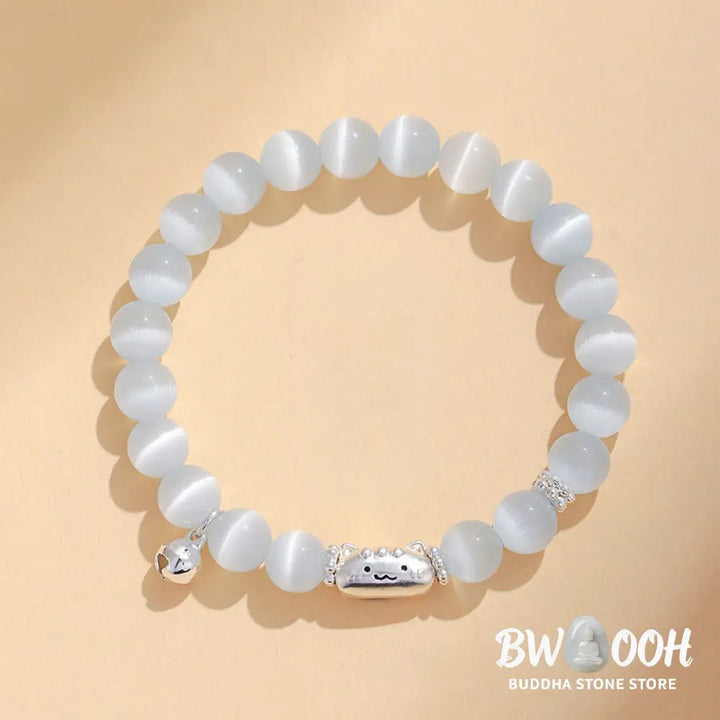 Buddha Stones 999 Sterling Silver Natural Cat Head White Cat’s Eye White Agate Positive Bracelet - Bracelet