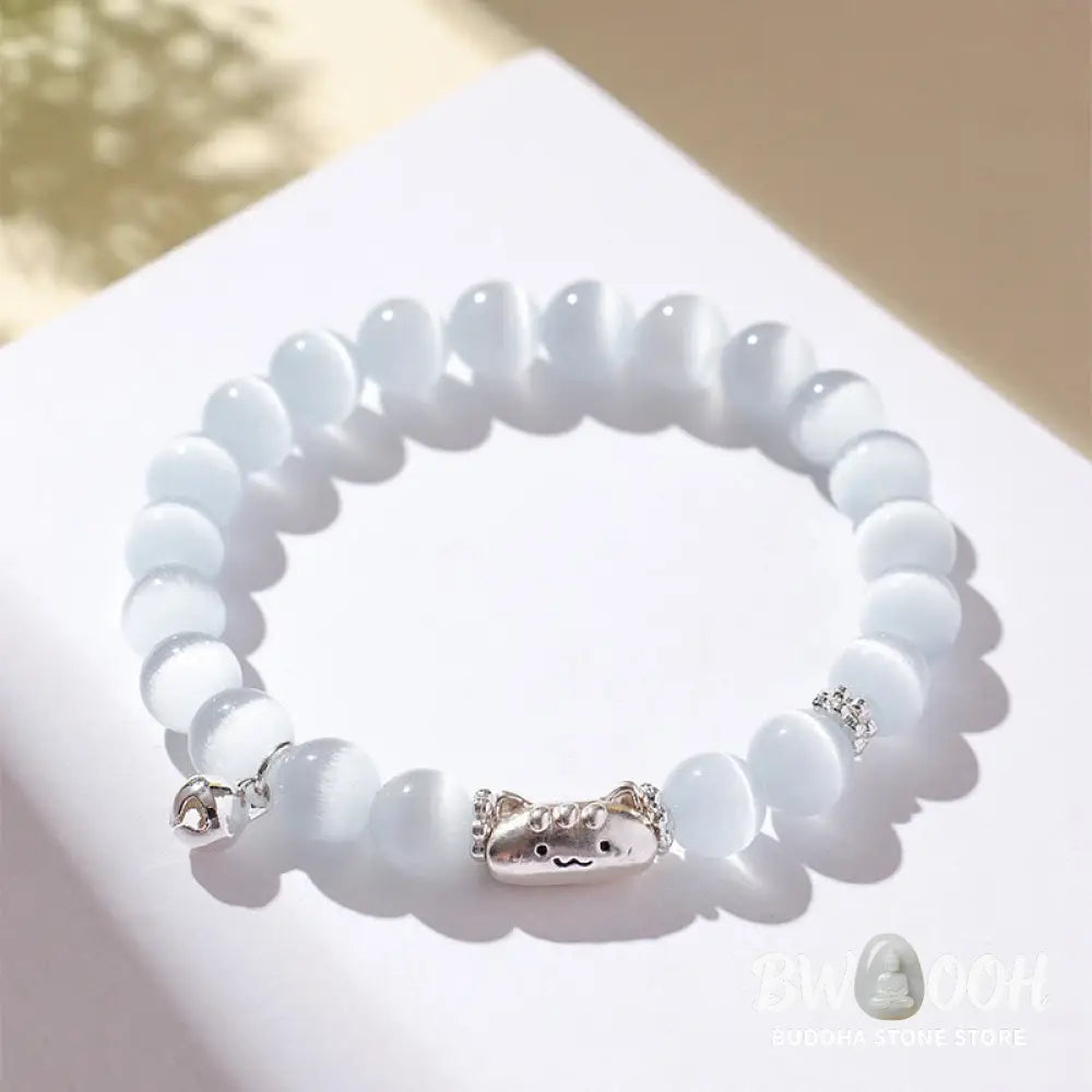 Buddha Stones 999 Sterling Silver Natural Cat Head White Cat’s Eye White Agate Positive Bracelet - Bracelet