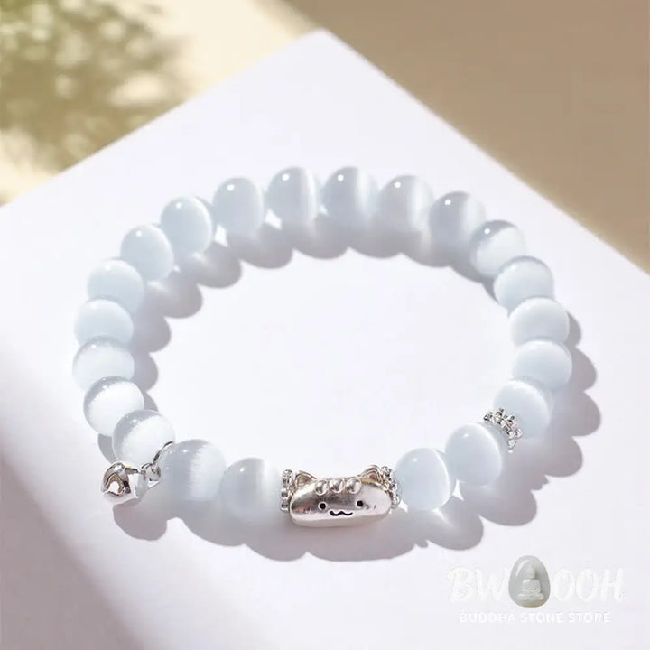 Buddha Stones 999 Sterling Silver Natural Cat Head White Cat’s Eye White Agate Positive Bracelet - Bracelet