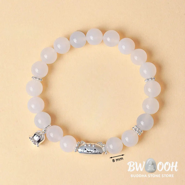 Buddha Stones 999 Sterling Silver Natural Cat Head White Cat’s Eye White Agate Positive Bracelet - Bracelet