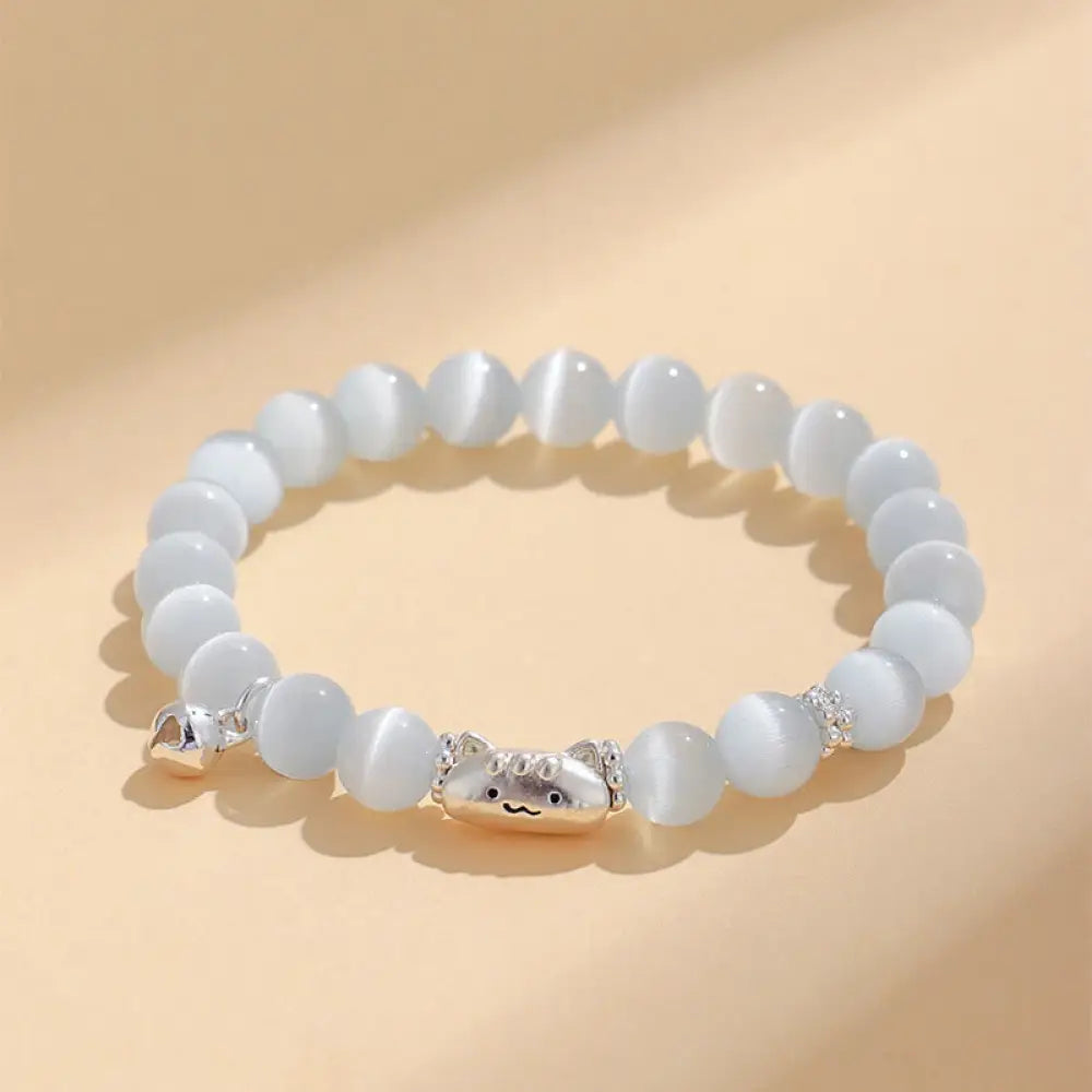 Buddha Stones 999 Sterling Silver Natural Cat Head White Cat’s Eye White Agate Positive Bracelet - White Cat’s