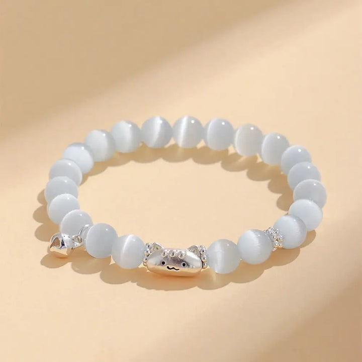 Buddha Stones 999 Sterling Silver Natural Cat Head White Cat’s Eye White Agate Positive Bracelet - White Cat’s
