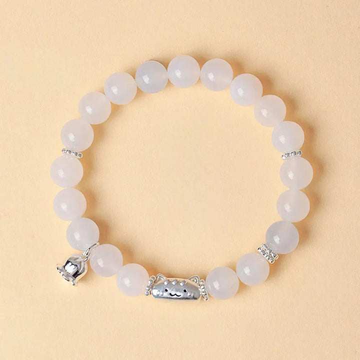 Buddha Stones 999 Sterling Silver Natural Cat Head White Cat’s Eye White Agate Positive Bracelet - White Agate(Wrist