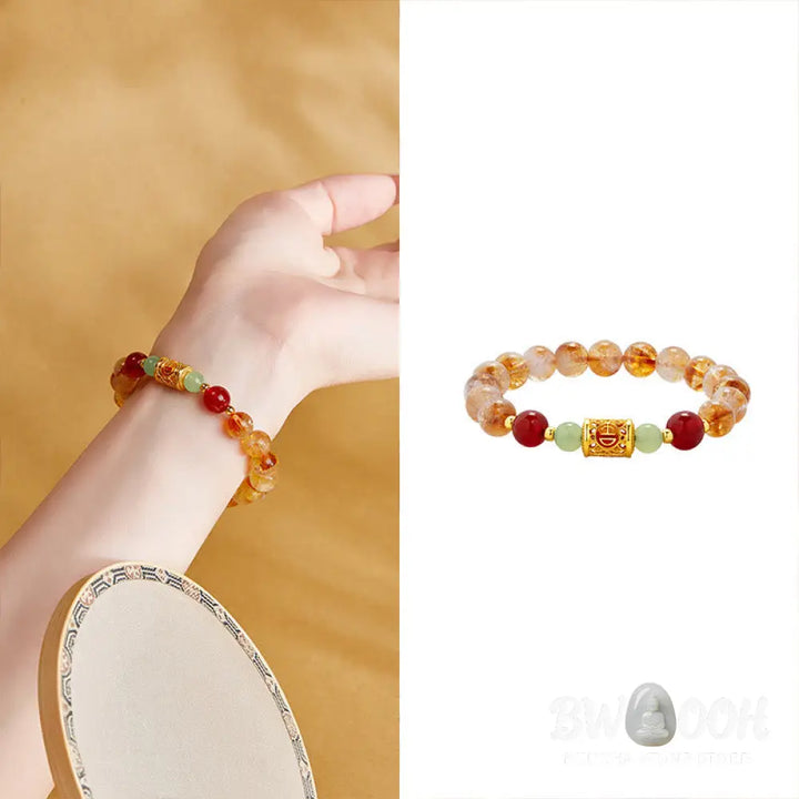 Buddha Stones 999 Sterling Silver Natural Citrine Red Agate Hetian Jade Beads Protection Bracelet - Citrine(Wrist