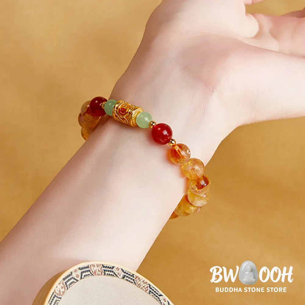 Buddha Stones 999 Sterling Silver Natural Citrine Red Agate Hetian Jade Beads Protection Bracelet - Citrine(Wrist