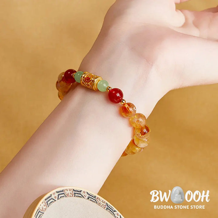Buddha Stones 999 Sterling Silver Natural Citrine Red Agate Hetian Jade Beads Protection Bracelet - Citrine(Wrist
