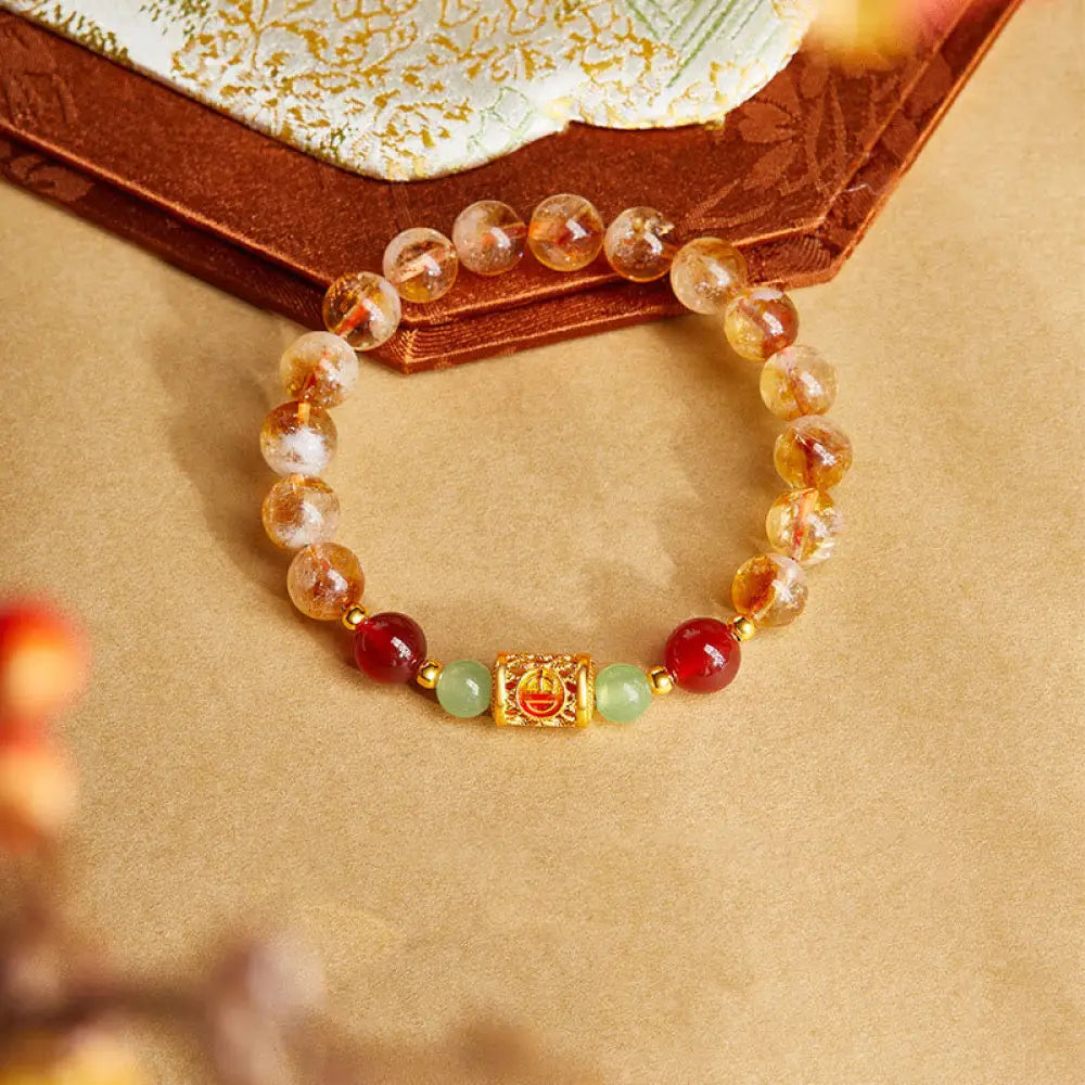 Buddha Stones 999 Sterling Silver Natural Citrine Red Agate Hetian Jade Beads Protection Bracelet - Citrine(Wrist