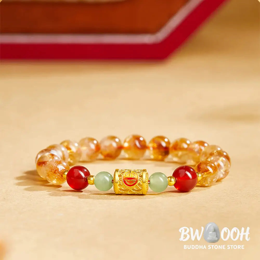 Buddha Stones 999 Sterling Silver Natural Citrine Red Agate Hetian Jade Beads Protection Bracelet - Citrine(Wrist