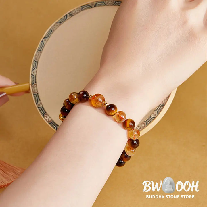 Buddha Stones 999 Sterling Silver Natural Citrine Tiger Eye Peace Buckle Protection Bracelet - Citrine(Wrist