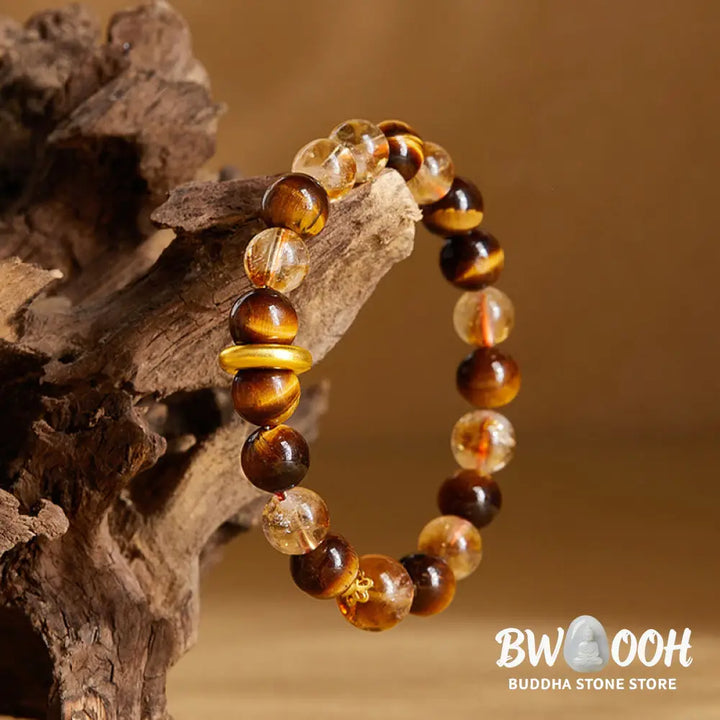 Buddha Stones 999 Sterling Silver Natural Citrine Tiger Eye Peace Buckle Protection Bracelet - Citrine(Wrist