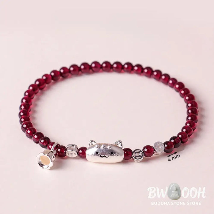 Buddha Stones 999 Sterling Silver Natural Cute Cat Head Garnet Protection Bead Bracelet - Bracelet