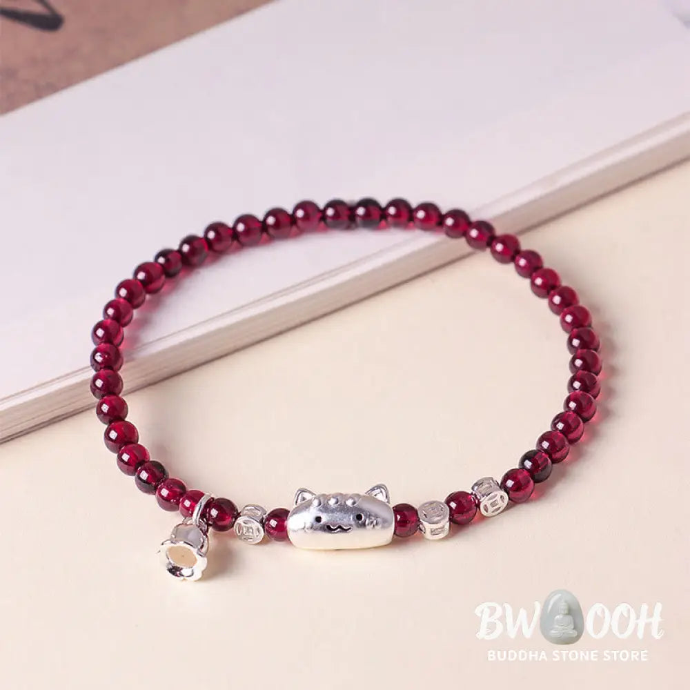 Buddha Stones 999 Sterling Silver Natural Cute Cat Head Garnet Protection Bead Bracelet - Bracelet