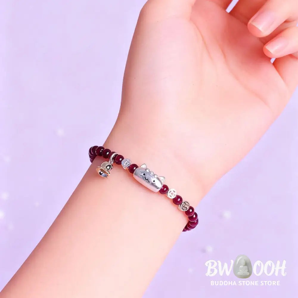 Buddha Stones 999 Sterling Silver Natural Cute Cat Head Garnet Protection Bead Bracelet - Bracelet