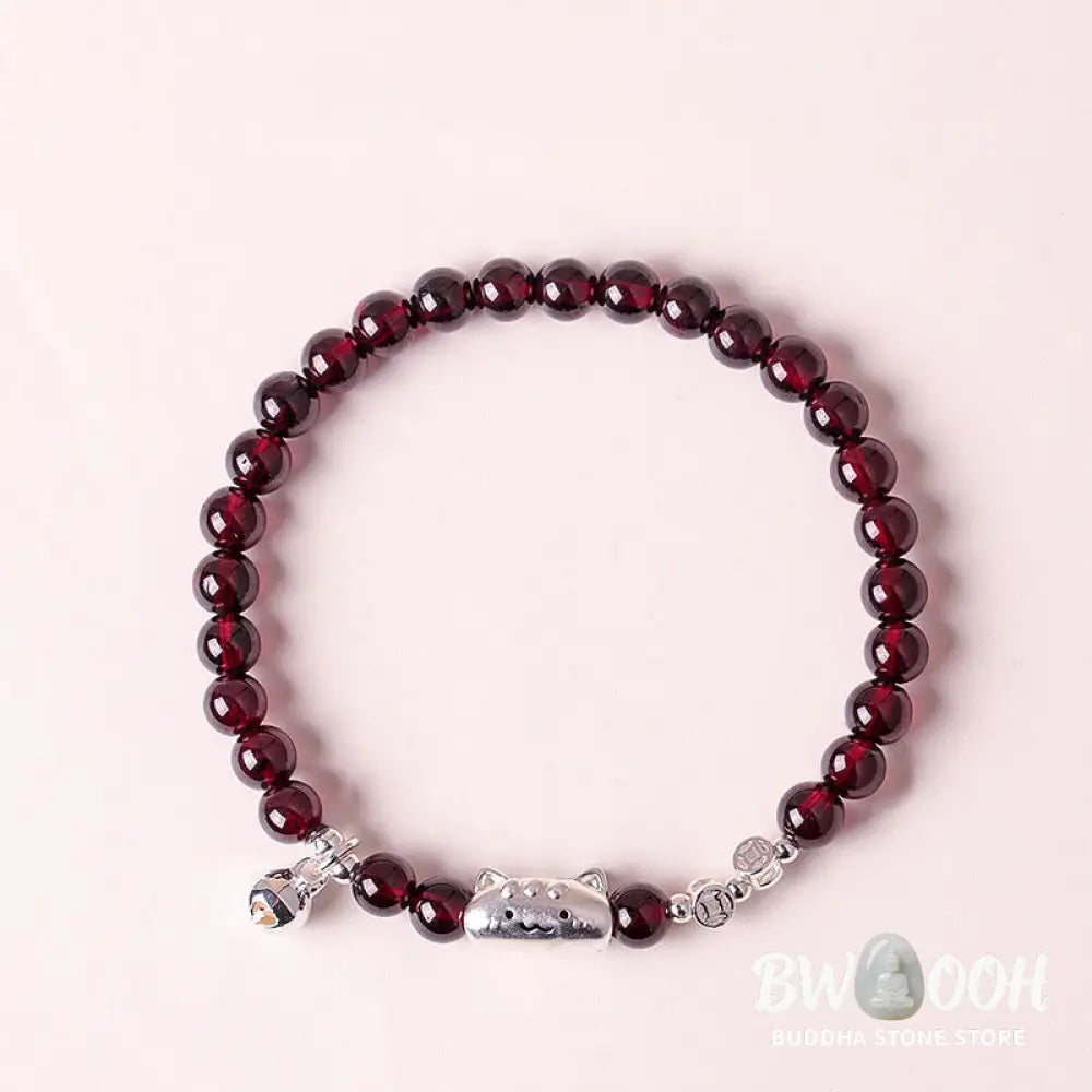 Buddha Stones 999 Sterling Silver Natural Cute Cat Head Garnet Protection Bead Bracelet - Bracelet