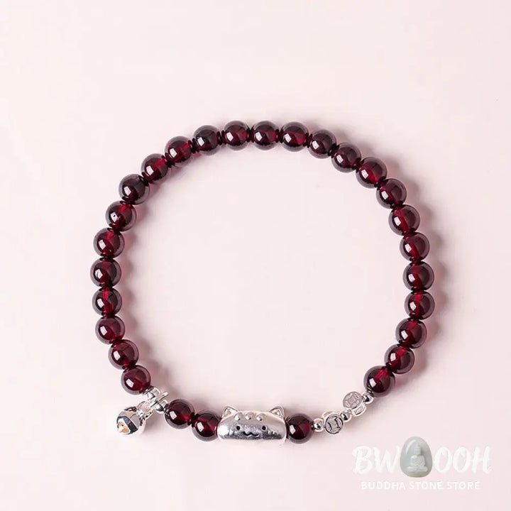 Buddha Stones 999 Sterling Silver Natural Cute Cat Head Garnet Protection Bead Bracelet - Bracelet