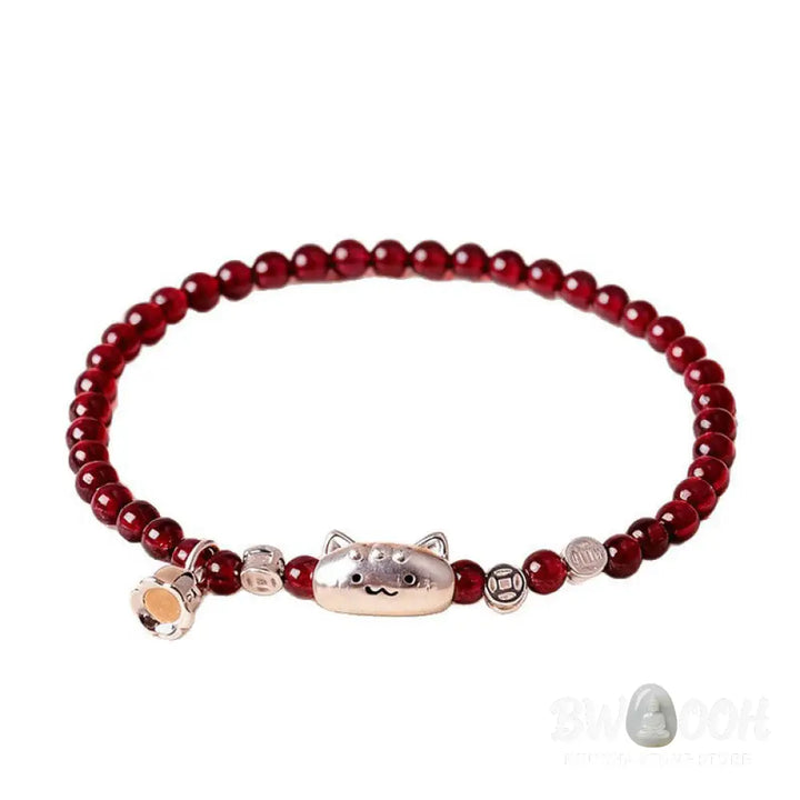 Buddha Stones 999 Sterling Silver Natural Cute Cat Head Garnet Protection Bead Bracelet - Bracelet
