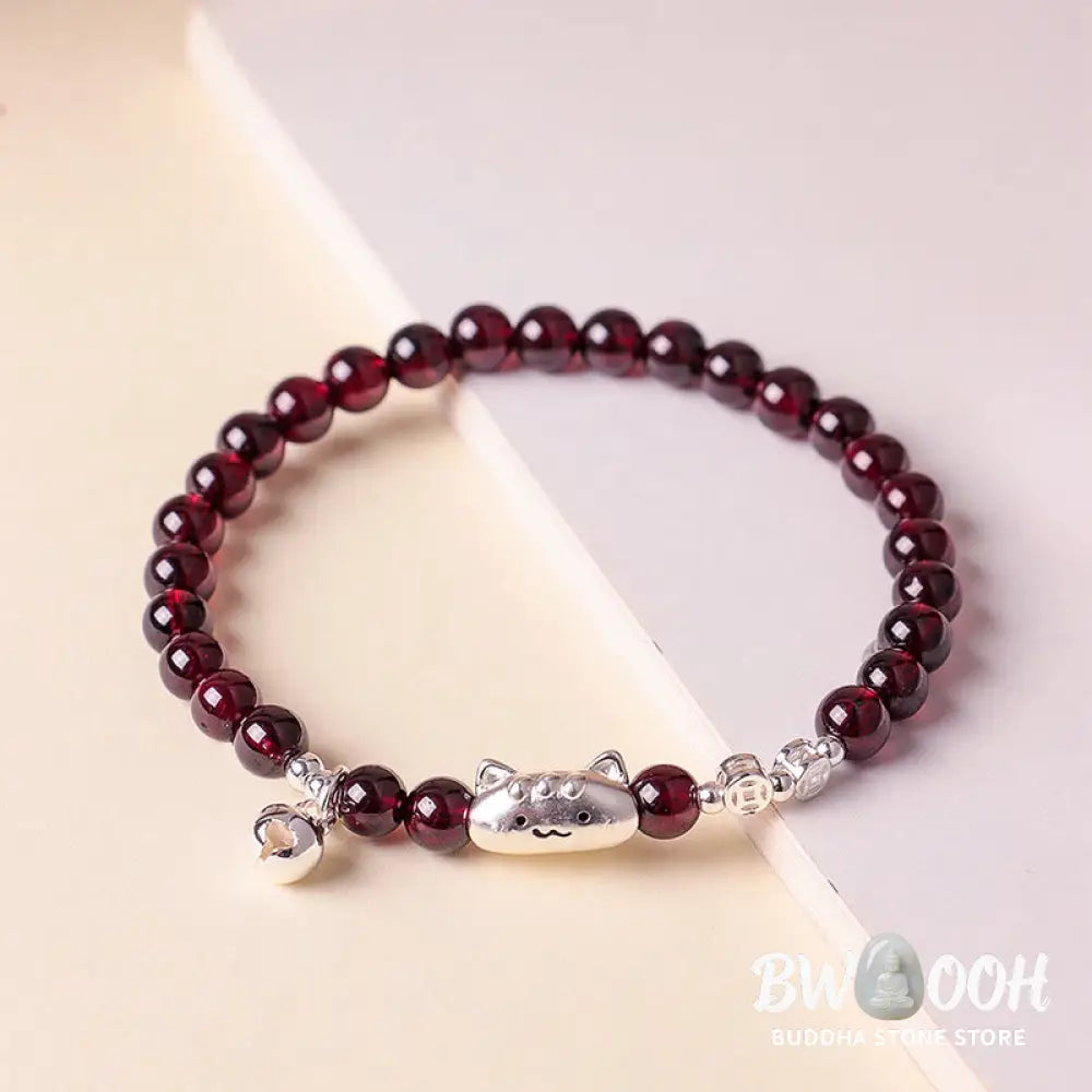 Buddha Stones 999 Sterling Silver Natural Cute Cat Head Garnet Protection Bead Bracelet - Bracelet