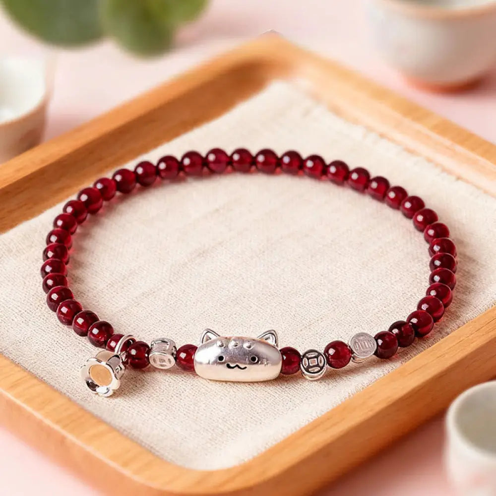 Buddha Stones 999 Sterling Silver Natural Cute Cat Head Garnet Protection Bead Bracelet - 4mm Garnet(Wrist