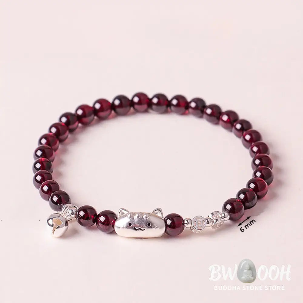 Buddha Stones 999 Sterling Silver Natural Cute Cat Head Garnet Protection Bead Bracelet - Bracelet