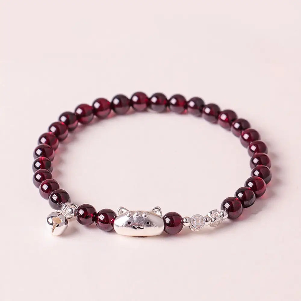 Buddha Stones 999 Sterling Silver Natural Cute Cat Head Garnet Protection Bead Bracelet - 6mm Garnet(Wrist