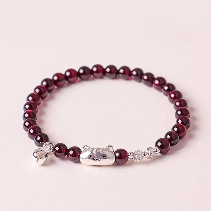 Buddha Stones 999 Sterling Silver Natural Cute Cat Head Garnet Protection Bead Bracelet - 6mm Garnet(Wrist