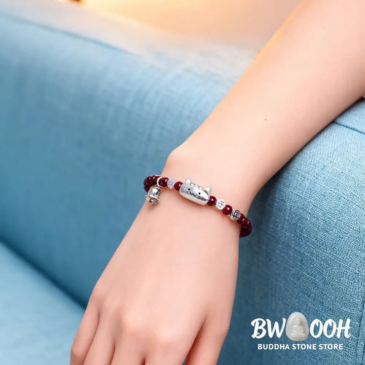 Buddha Stones 999 Sterling Silver Natural Cute Cat Head Garnet Protection Bead Bracelet - Bracelet