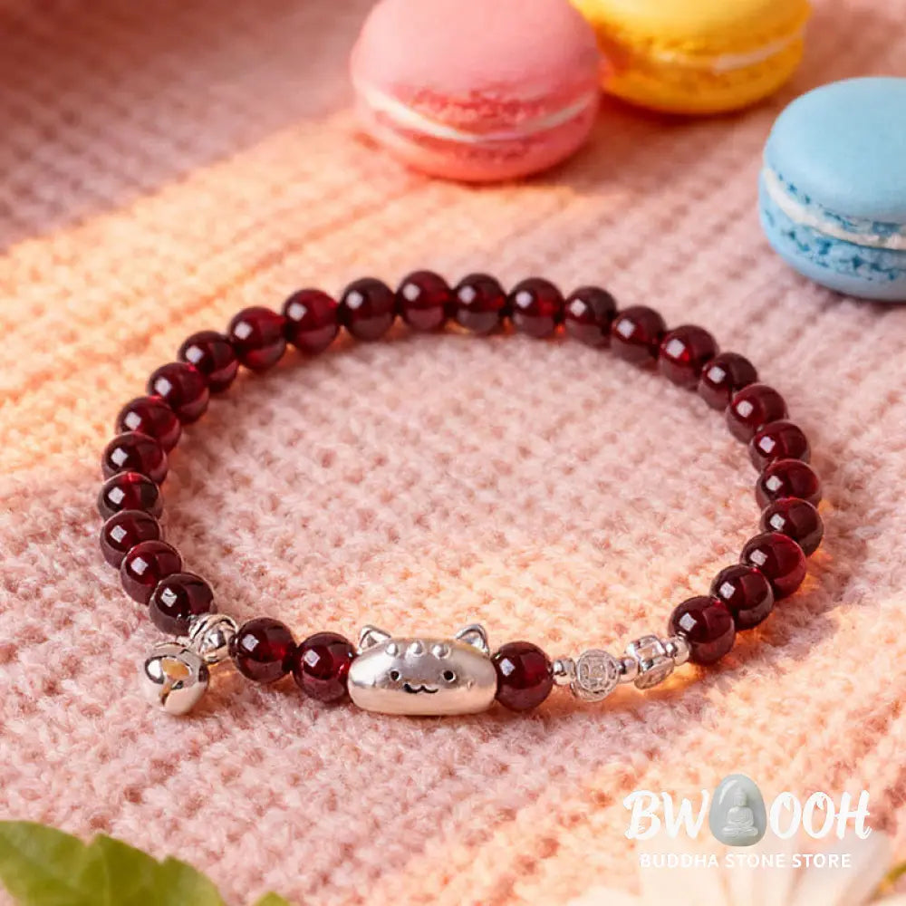 Buddha Stones 999 Sterling Silver Natural Cute Cat Head Garnet Protection Bead Bracelet - Bracelet