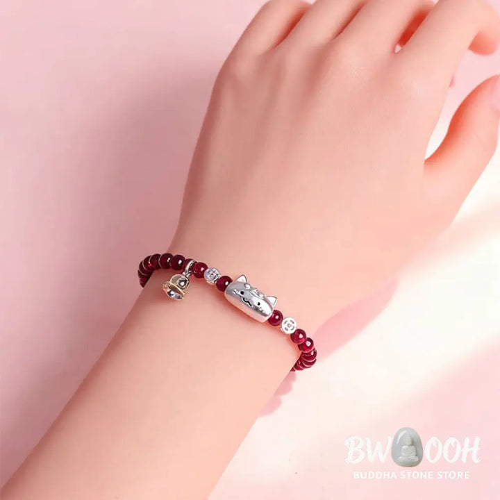 Buddha Stones 999 Sterling Silver Natural Cute Cat Head Garnet Protection Bead Bracelet - Bracelet