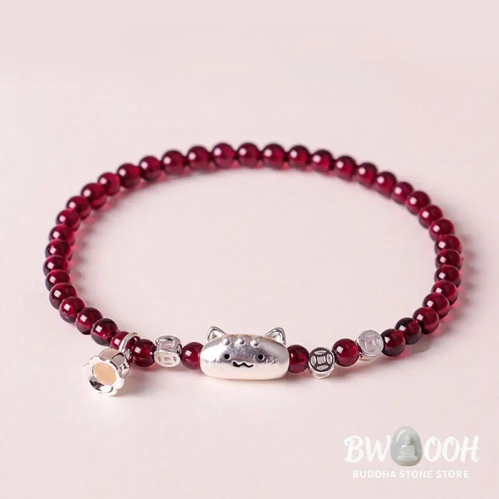 Buddha Stones 999 Sterling Silver Natural Cute Cat Head Garnet Protection Bead Bracelet - Bracelet