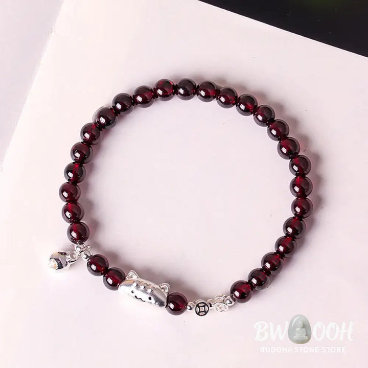 Buddha Stones 999 Sterling Silver Natural Cute Cat Head Garnet Protection Bead Bracelet - Bracelet