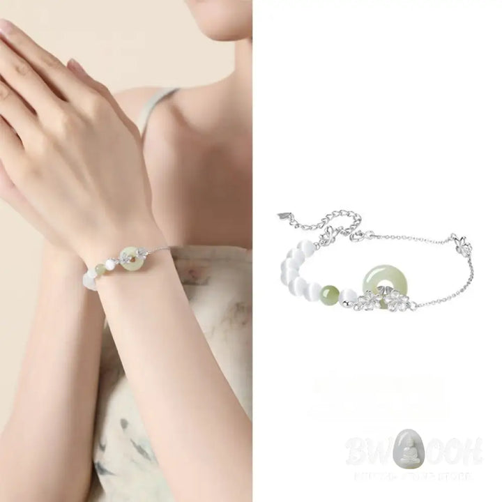 Buddha Stones 999 Sterling Silver Natural Hetian Jade Peace Buckle Peach Blossom Luck Bracelet - BWOOOH - Bracelet