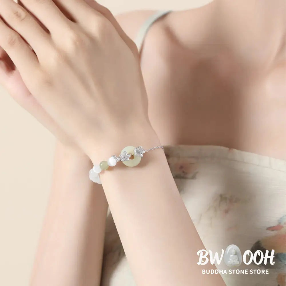 Buddha Stones 999 Sterling Silver Natural Hetian Jade Peace Buckle Peach Blossom Luck Bracelet - BWOOOH - Bracelet