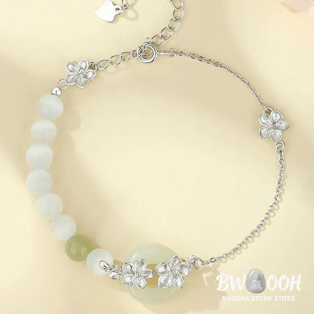 Buddha Stones 999 Sterling Silver Natural Hetian Jade Peace Buckle Peach Blossom Luck Bracelet - BWOOOH - Bracelet