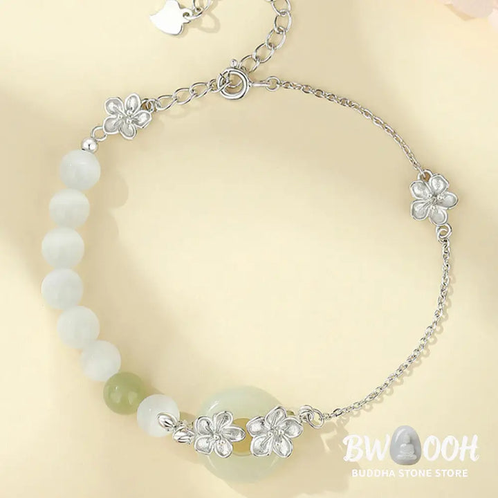 Buddha Stones 999 Sterling Silver Natural Hetian Jade Peace Buckle Peach Blossom Luck Bracelet - BWOOOH - Bracelet