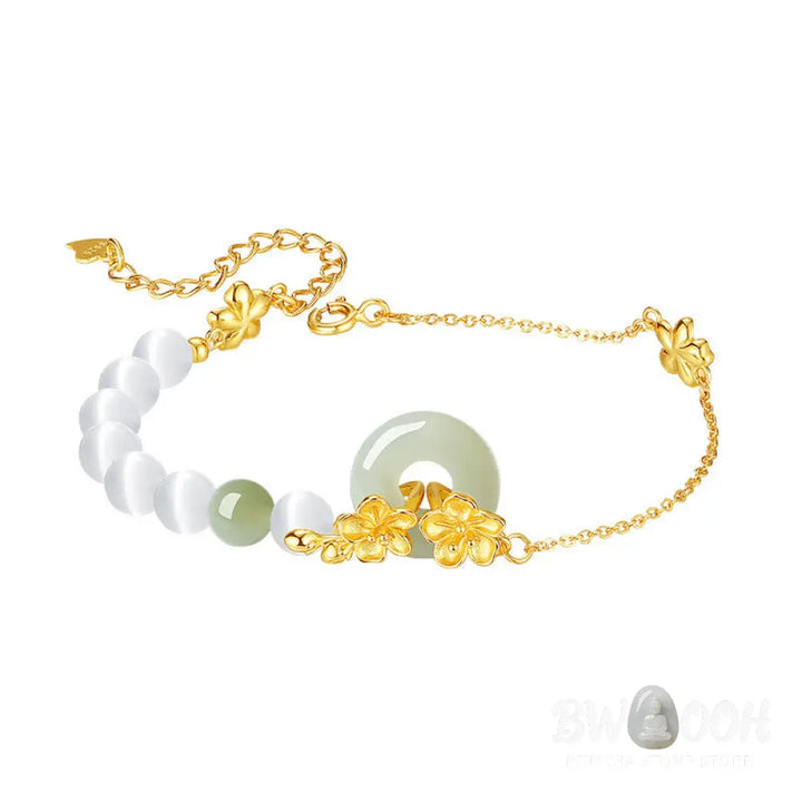 Buddha Stones 999 Sterling Silver Natural Hetian Jade Peace Buckle Peach Blossom Luck Bracelet - BWOOOH - Bracelet