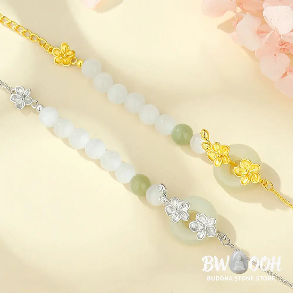 Buddha Stones 999 Sterling Silver Natural Hetian Jade Peace Buckle Peach Blossom Luck Bracelet - BWOOOH - Bracelet