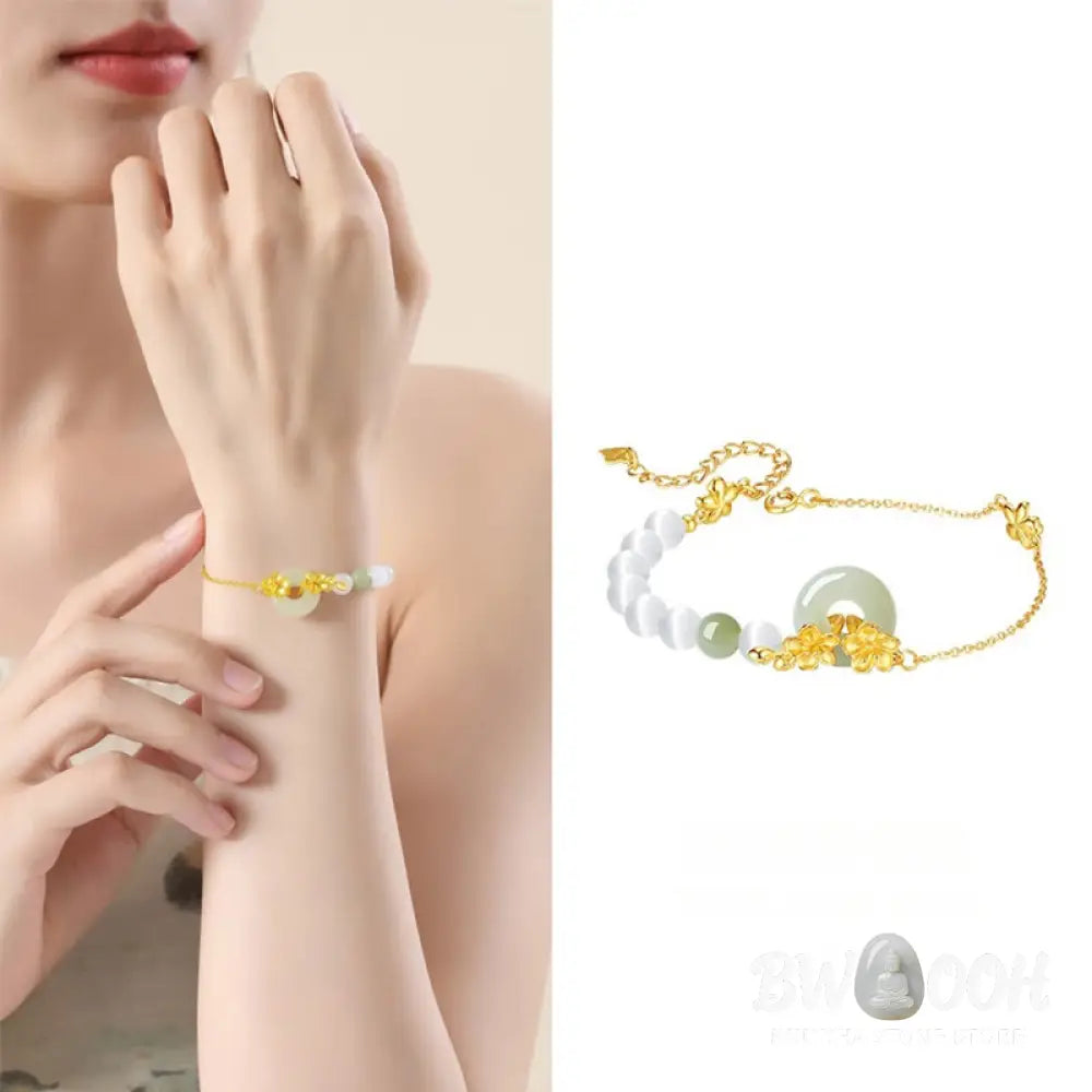 Buddha Stones 999 Sterling Silver Natural Hetian Jade Peace Buckle Peach Blossom Luck Bracelet - BWOOOH - Bracelet