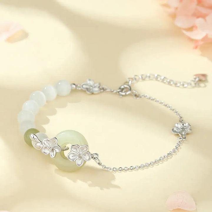 Buddha Stones 999 Sterling Silver Natural Hetian Jade Peace Buckle Peach Blossom Luck Bracelet - BWOOOH - Silver(Wrist