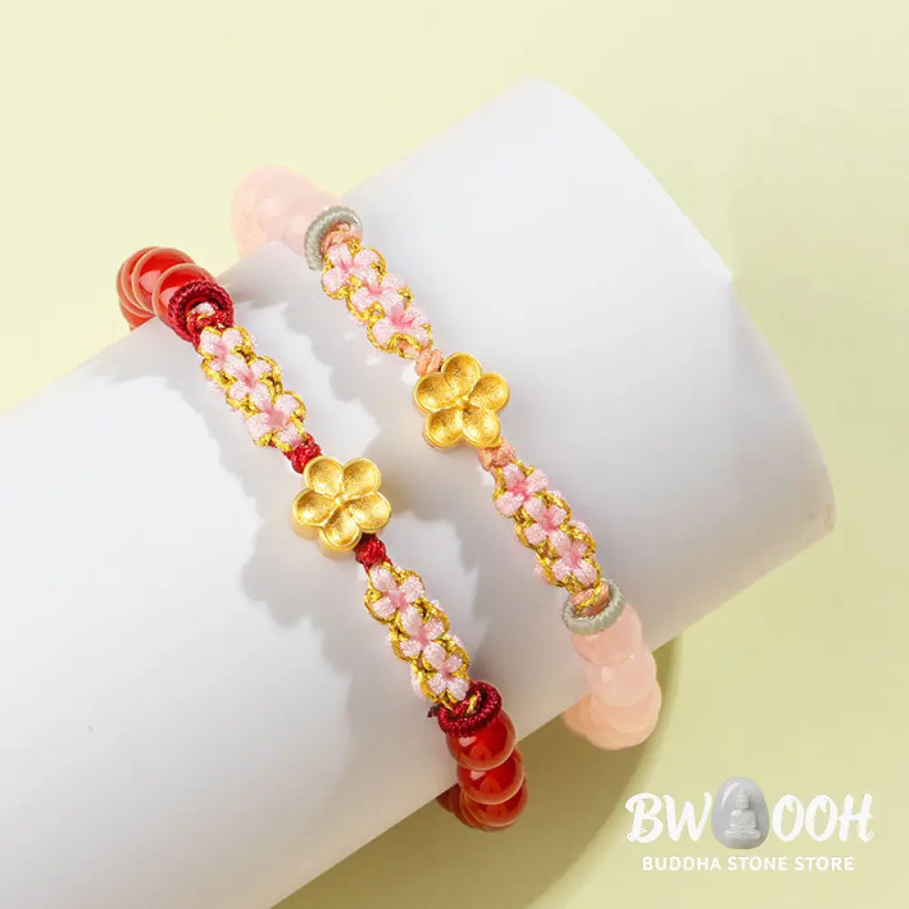 Buddha Stones 999 Sterling Silver Natural Red Agate Pink Crystal Cherry blossom Bracelet - BWOOOH - Bracelet