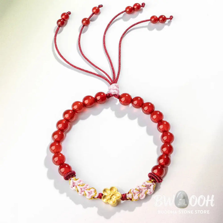 Buddha Stones 999 Sterling Silver Natural Red Agate Pink Crystal Cherry blossom Bracelet - BWOOOH - Bracelet