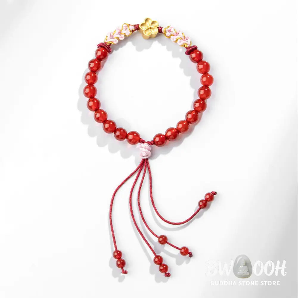 Buddha Stones 999 Sterling Silver Natural Red Agate Pink Crystal Cherry blossom Bracelet - BWOOOH - Bracelet