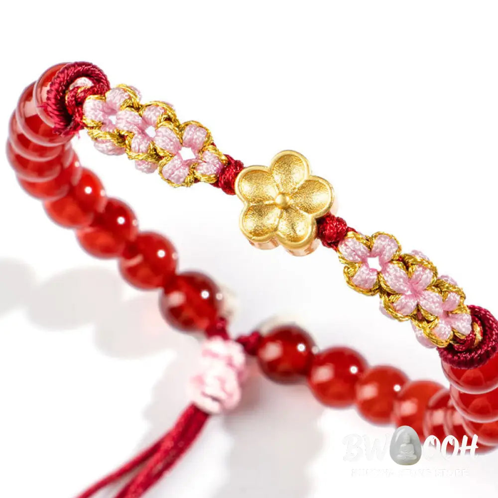 Buddha Stones 999 Sterling Silver Natural Red Agate Pink Crystal Cherry blossom Bracelet - BWOOOH - Bracelet