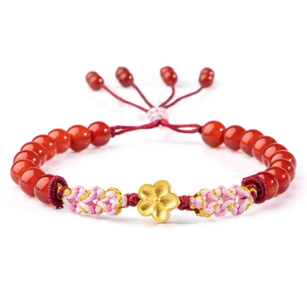 Buddha Stones 999 Sterling Silver Natural Red Agate Pink Crystal Cherry blossom Bracelet - BWOOOH - Red