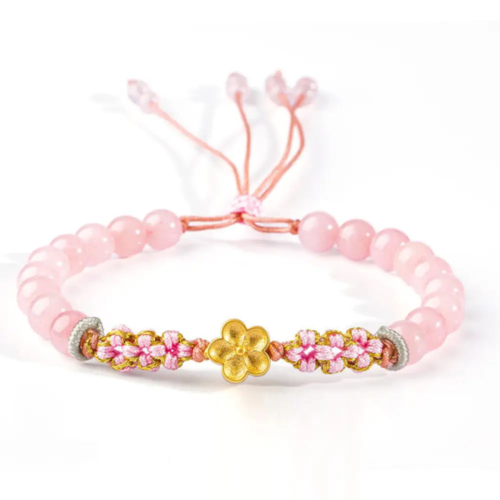 Buddha Stones 999 Sterling Silver Natural Red Agate Pink Crystal Cherry blossom Bracelet - BWOOOH - Pink