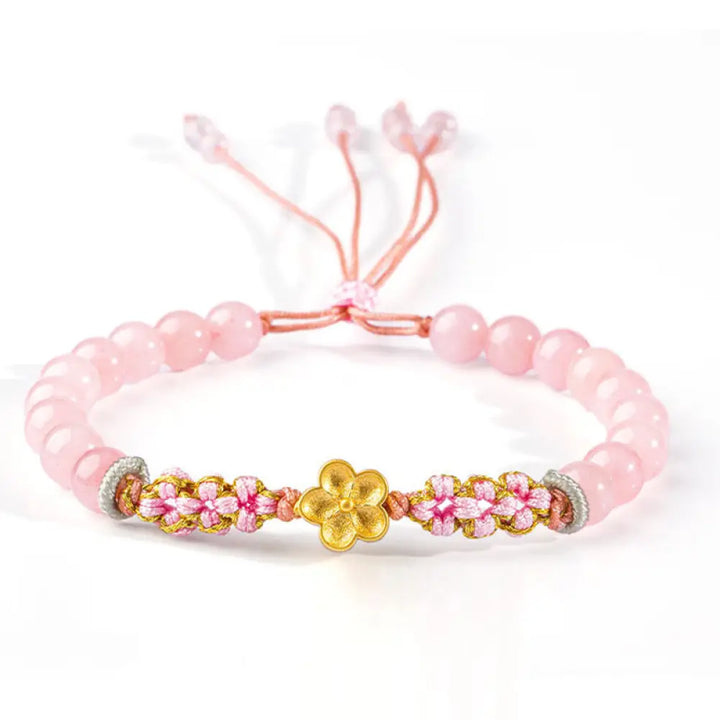 Buddha Stones 999 Sterling Silver Natural Red Agate Pink Crystal Cherry blossom Bracelet - BWOOOH - Pink
