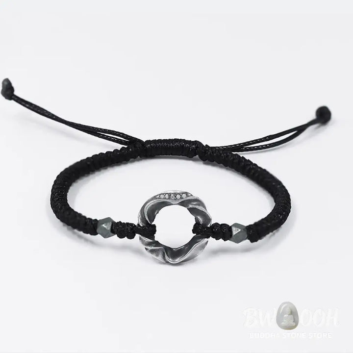 Buddha Stones 999 Sterling Silver Peace Buckle Black Wax Rope Protection Bracelet - BWOOOH - 999 Sterling Silver Wax