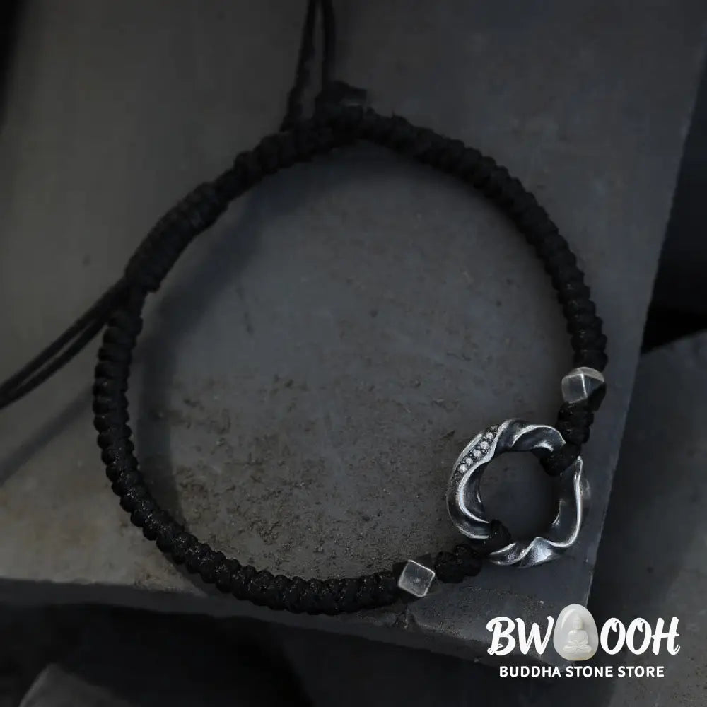 Buddha Stones 999 Sterling Silver Peace Buckle Black Wax Rope Protection Bracelet - BWOOOH - 999 Sterling Silver Wax