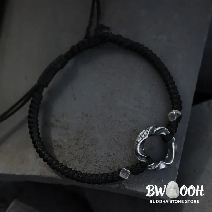Buddha Stones 999 Sterling Silver Peace Buckle Black Wax Rope Protection Bracelet - BWOOOH - 999 Sterling Silver Wax